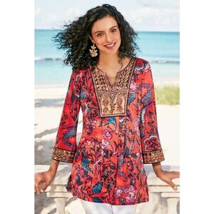 Soft Surroundings Samara Tunic M Floral Embellished Maximalist Artsy Resort